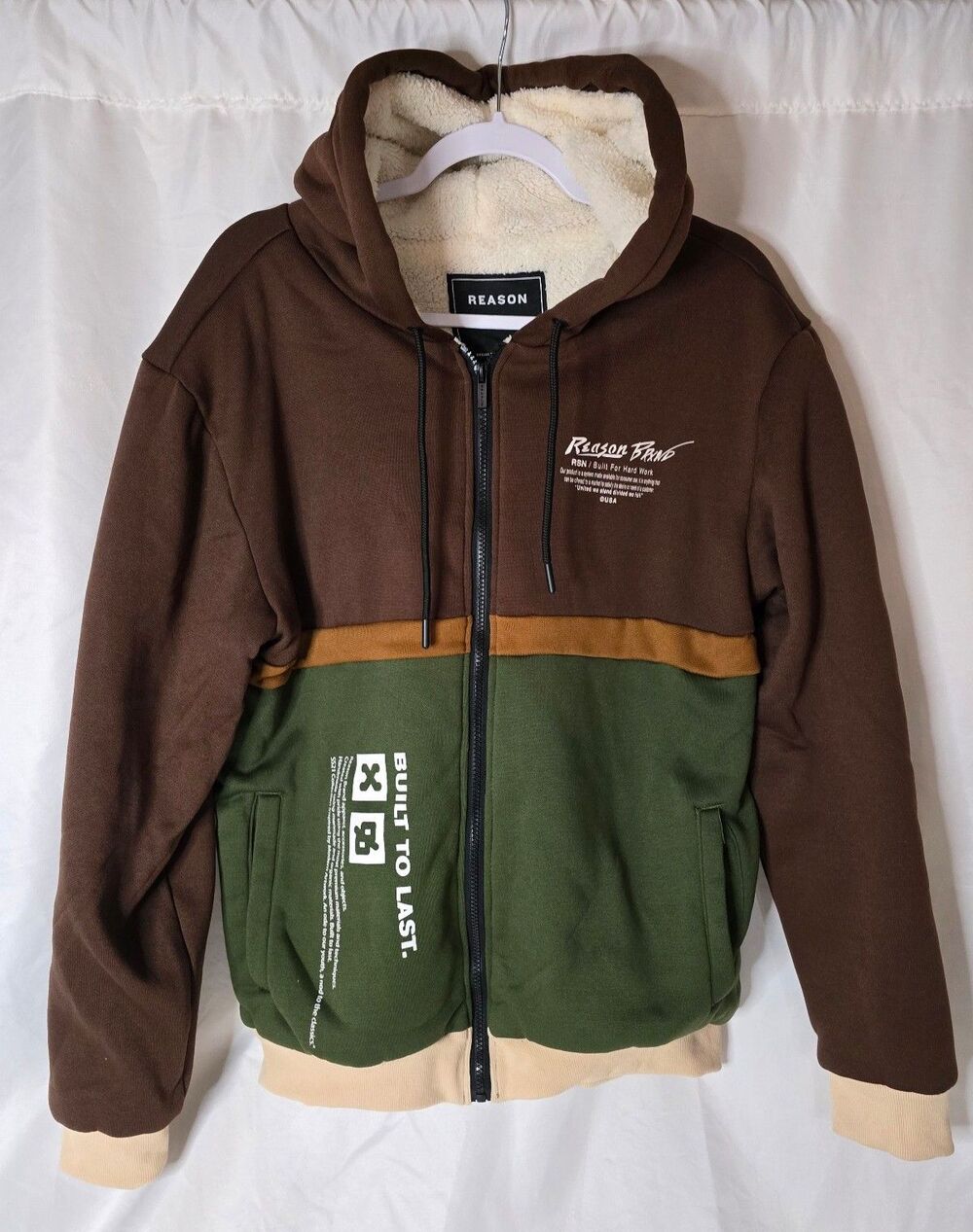 Reason Full Zip Hoodie with Boa and Sherpa Fabric Brown Green Tan NWOT
